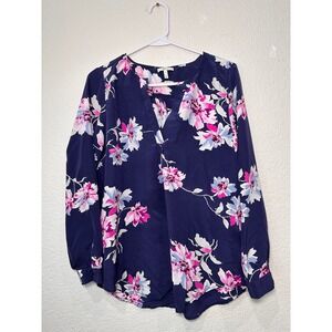 Joie Navy Blue Pink Floral 100% Silk Long Sleeve Blouse Top 1717-T1354B Medium
